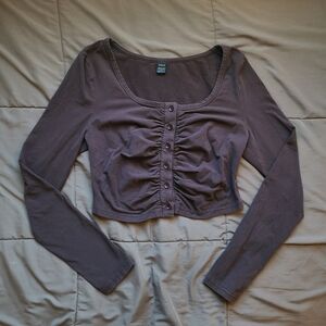 SHEIN Women's Brown Long-Sleeve Button-Down Crop Top